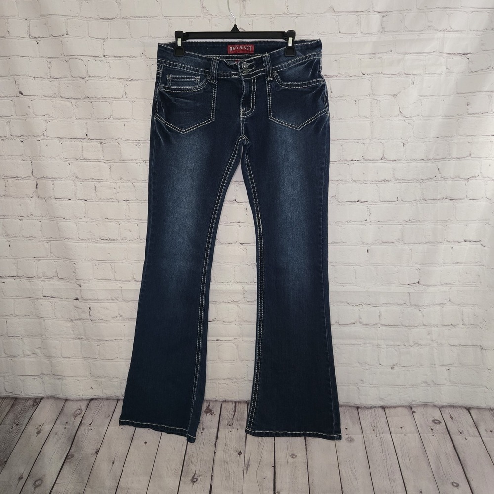 Red Rivet Jeans Low Rise 11 Thick Stich Bootcut Y2K Whiskers Grunge Mall Goth